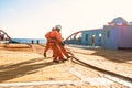 AHTS vessel doing static tow tanker lifting. Ocean tug job Royalty Free Stock Photo