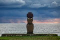Ahu tahai moai with eyes in Rapa Nui at dusk