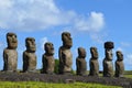 Moais in the ceremonial platform Ahu at Tongariki beach, Rapa Nui Easter island Royalty Free Stock Photo