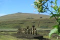 Ahu Tongariki Moai Ruin with Poike volcano on background, Easter Island or Rapa Nui, Chile