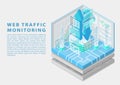 Web traffic monitoring concept with symbol of floating upload and download arrows and various monitoring dashboards Royalty Free Stock Photo
