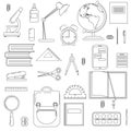 School tools icons. Stationery pictograms. Backpack, ruler, book, brush, pen, globe, pencil and other items in simple style.