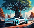 Electric car charging up next to a tree