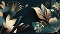 AI Abstract art background vector. Luxury minimal style wallpaper with golden line art flower and botanical leaves