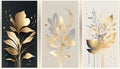 AI Abstract art background vector. Luxury minimal style wallpaper with golden line art flower and botanical leaves