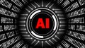 AI - abstract Artificial Intelligence background - binary code arranged in cylinder shape - red letters in center of HUD elements