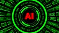 AI - abstract Artificial Intelligence background in green - binary code arranged in cylinder shape - red lettering around HUD