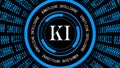 AI - abstract Artificial Intelligence in german KI - Kuenstliche Intelligenz background in blue - binary code in cylinder shape