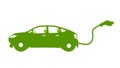 Vector or Illustration object icon of  Electric car. Green color with cable of electric plug the back of the car. Royalty Free Stock Photo