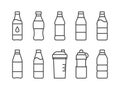 Plastic bottle line icons set with labels and water.
