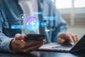 AI Agent and Assistant concept. Man using smartphone and laptop with ai assistant interface and virtual chatbot icon for digital Royalty Free Stock Photo