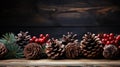 Rustic Christmas decoration with pine cones, red berries, and green fir branches arranged on a dark wooden background, perfect for Royalty Free Stock Photo