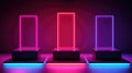 Ai, AI Generated Three Cylinder Podium with Neon Frames. Glowing Steps for the presentation of shoes, goods, showroom.