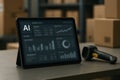 AI analytics dashboard on a tablet in a warehouse, used for tracking logistics performance, data visualization, and intelligent Royalty Free Stock Photo