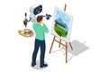 AI art assistant. Isometric AI robot helping man with painting on easel, supporting creativity and digital art process Royalty Free Stock Photo