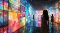 AI in Art Design: Artist co-creating with AI, colorful digital art pieces on display, studio filled with innovative tech