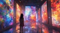 AI in Art Design: Artist co-creating with AI, colorful digital art pieces on display, studio filled with innovative tech