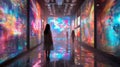 AI in Art Design: Artist co-creating with AI, colorful digital art pieces on display, studio filled with innovative tech