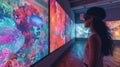 AI in Art Design: Artist co-creating with AI, colorful digital art pieces on display, studio filled with innovative tech