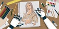 AI art fail: robot drawing a distorted Mona Lisa