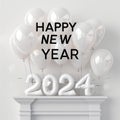 2024 New Year\'s Eve, Silvester 2024 Party, New Year Greeting Card, Happy New Year Party Font, Balloons and Confetti, AI Art Royalty Free Stock Photo