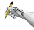 Ai art generator with robot writing assistant or essay generator hand hold pen