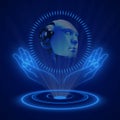 AI or artificial concept with hologram - Holographic abstract robotic head over open hands