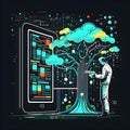 Ai artificial fake person holding a tablet next to a tree and a massive tablet screen behind on a dark background