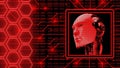 AI or artificial intelligence with abstract 3D robotic head - background of 4-digit binary code behind information connecting line