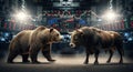 A bear and a bull facing off one another against a stock trading market centre backdrop Royalty Free Stock Photo