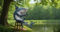 A single shark with human limbs sitting by a lake fishing against a forest backdrop Royalty Free Stock Photo