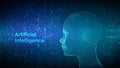 AI. Artificial intelligence concept. Abstract wireframe digital human face on streaming matrix digital binary code background. Royalty Free Stock Photo