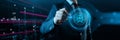 AI - Artificial Intelligence Concept. A businessman touching hologram of a brain and HUD of deep machine learning and