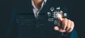 AI Artificial Intelligence concept. Businessman using technology smart robot by enter command prompt for generates business