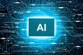AI artificial intelligence concept, Close up of microprocessor glowing on mainboard electronic computer background Royalty Free Stock Photo