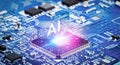 AI artificial intelligence concept, Close up of microprocessor with AI interface glowing on computer motherboard background