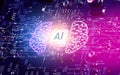 AI artificial intelligence concept, Close up of microprocessor with AI interface glowing on computer motherboard