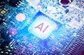 AI artificial intelligence concept, Close up of microprocessor with AI interface glowing on computer motherboard background