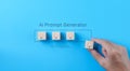 AI or Artificial intelligence concept. Hand putting idea light bulb wooden cube on virtual infographic AI prompt generator, Royalty Free Stock Photo
