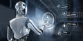 Ai Artificial intelligence concept neural network. Robot pressing button on screen 3d render Royalty Free Stock Photo