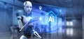 Ai Artificial intelligence concept neural network. Robot pressing button on screen 3d render Royalty Free Stock Photo