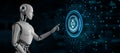 Ai Artificial intelligence concept neural network. Robot pressing button on screen 3d render Royalty Free Stock Photo