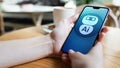 AI Artificial intelligence Deep machine learning concept. Robot icon on mobile phone screen.
