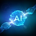 AI. Artificial Intelligence. Hands of Robot and Human touching sphere grid wave with binary code. Artificial Intelligence and Royalty Free Stock Photo