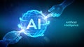 AI. Artificial Intelligence. Hands of Robot and Human touching sphere grid wave with binary code. Artificial Intelligence and