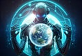 AI Artificial intelligence humanoid holding planet Earth on hand, Artificial Intelligence technology disruption concept. Royalty Free Stock Photo