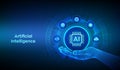AI. Artificial Intelligence icon in wireframe hand. Machine Learning. Artificial Intelligence for big data analytics. Neural