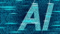 AI artificial intelligence letters on code data flow. Virtual assistant app geometric symbol support service technology