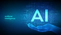 AI. Artificial intelligence. Letters AI made with binary code in wireframe hand. Binary data and streaming digital code background Royalty Free Stock Photo