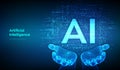 AI. Artificial intelligence. Letters AI made with binary code in wireframe hands. Binary data and streaming digital code Royalty Free Stock Photo